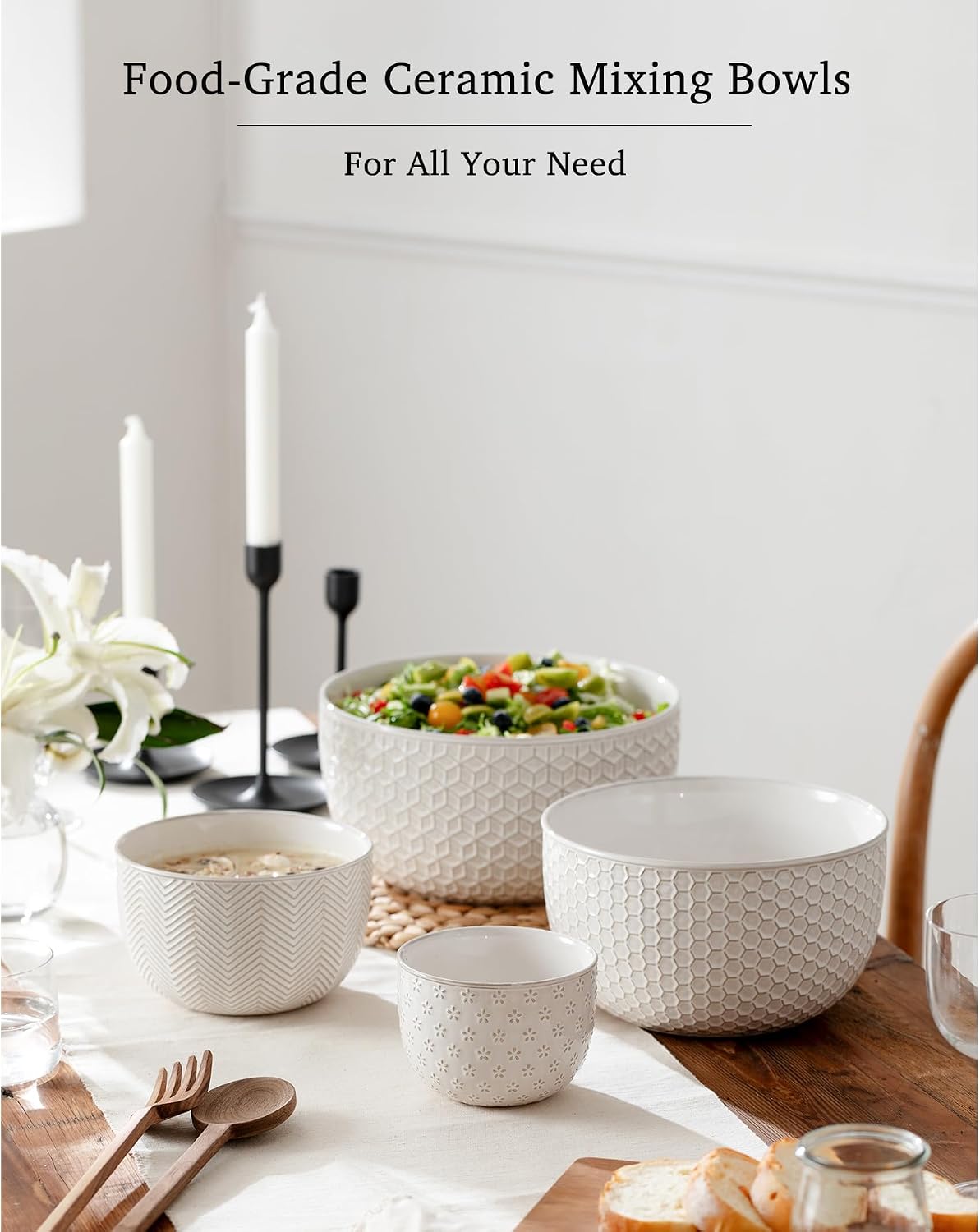 Ceramic Mixing Bowls, Embossed Nesting Bowls Set of 4, Mixing Bowl Set for Serving, Baking, Cooking and Gift, Microwave and Dishwasher Safe, 20/47/99/148 oz, Off-White