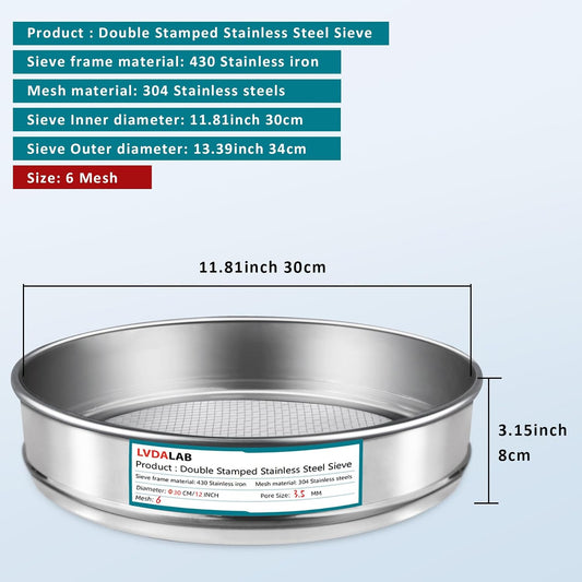 304 Stainless Steel Lab Sieve Screen Mesh, 6 Mesh(3.5mm) Aperture Test Sieve, 12Inch(30cm) Diameter Economy Standard Analysis Sample Test Sieves for Industrial Laboratory Homes - Colors A