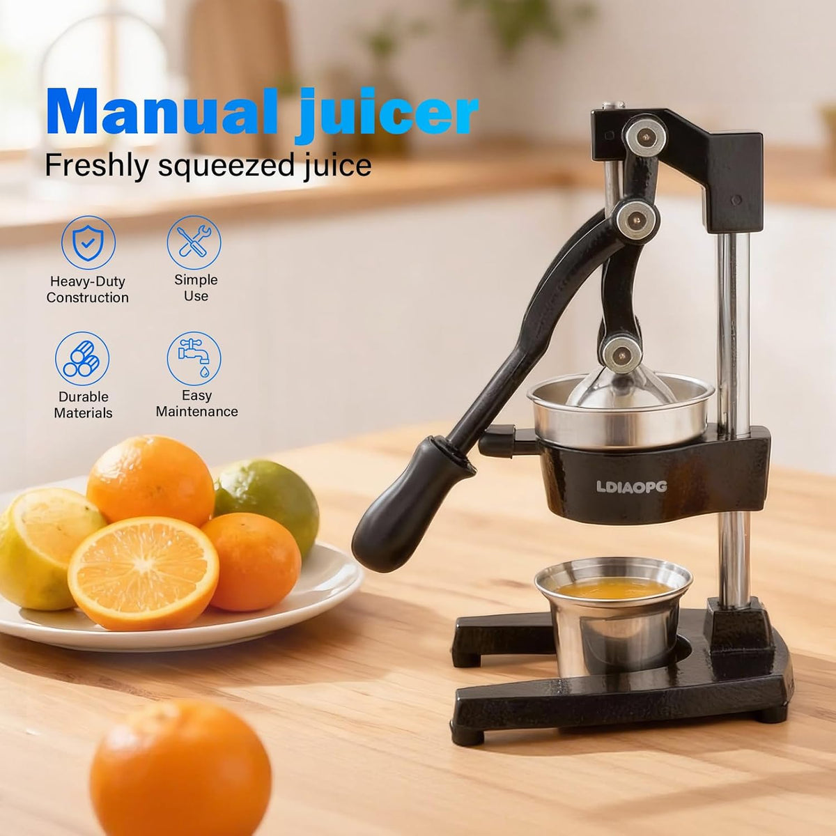 Cast Iron manual juicer, Hand Citrus juicer press, Orange Lemon Squeezer,Heavy Duty Manual Juicer,Commercial Grade,Countertop Extactor for Fruit Juice -Stainless Steel,Easy to Clean Black