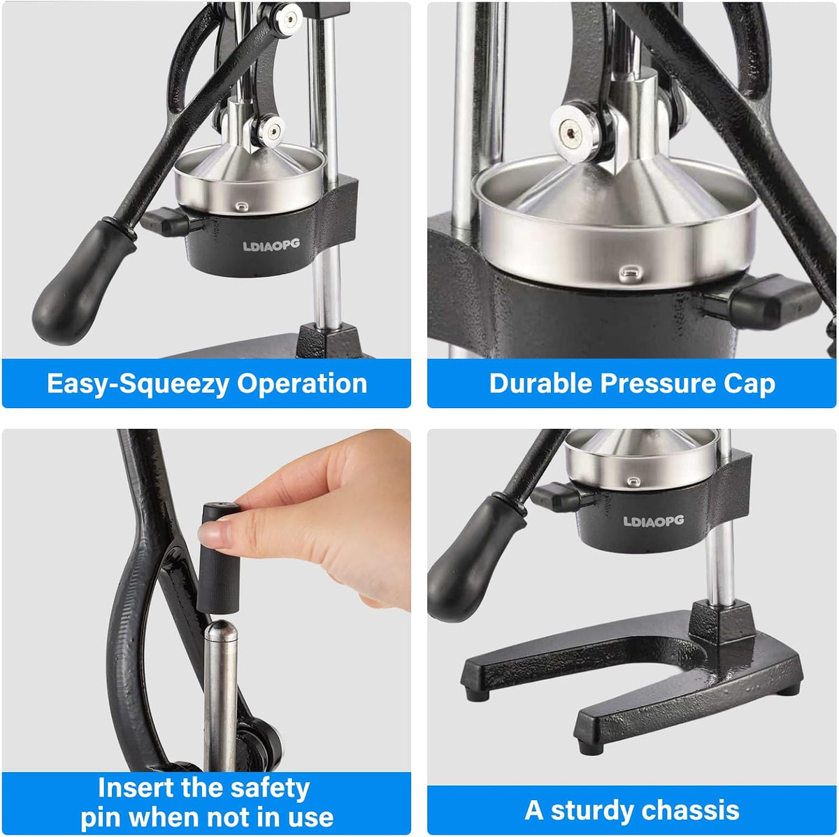 Cast Iron manual juicer, Hand Citrus juicer press, Orange Lemon Squeezer,Heavy Duty Manual Juicer,Commercial Grade,Countertop Extactor for Fruit Juice -Stainless Steel,Easy to Clean Black