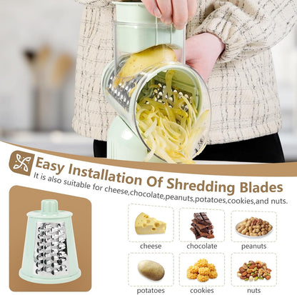 Rotary Cheese Grater with Handle Vegetable Shredder with 5 Interchangeable Blades, Kitchen Food Slicer and Chopper with Strong Suction Base for Fruit Vegetables Nuts with Blade Storage Box (Green)