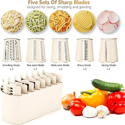 Rotary Cheese Grater with Handle Vegetable Shredder with 5 Interchangeable Blades, Kitchen Food Slicer and Chopper with Strong Suction Base for Fruit Vegetables Nuts with Blade Storage Box (Green)