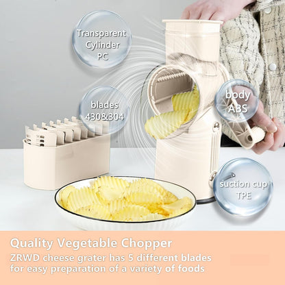 Rotary Cheese Grater with Handle Vegetable Shredder with 5 Interchangeable Blades, Kitchen Food Slicer and Chopper with Strong Suction Base for Fruit Vegetables Nuts with Blade Storage Box (Green)