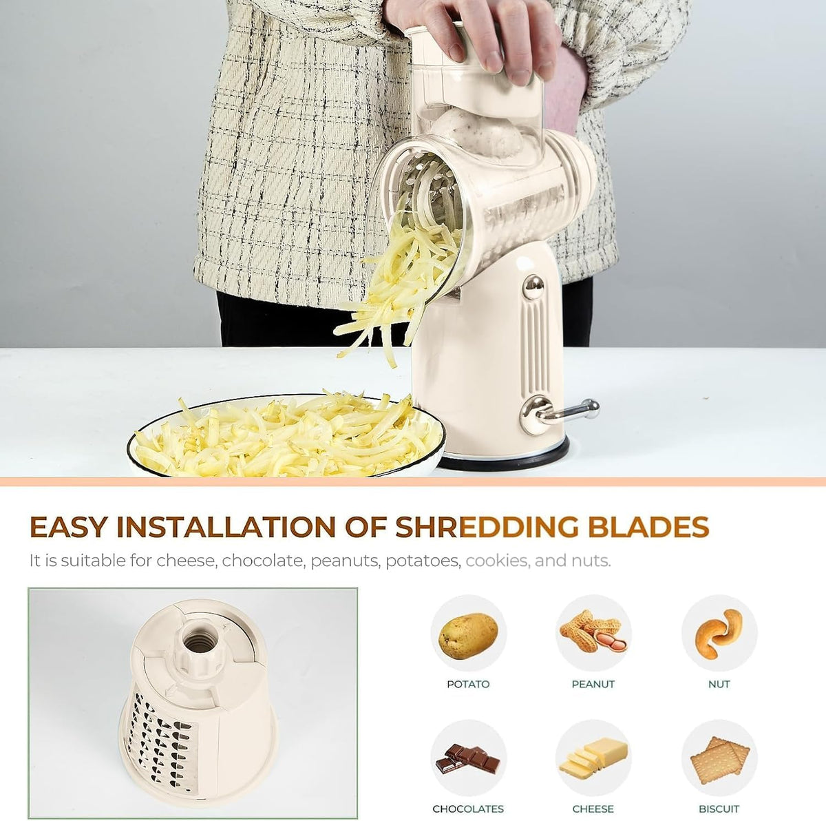Rotary Cheese Grater with Handle Vegetable Shredder with 5 Interchangeable Blades, Kitchen Food Slicer and Chopper with Strong Suction Base for Fruit Vegetables Nuts with Blade Storage Box (Green)