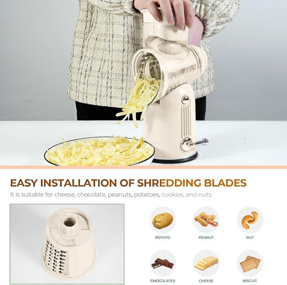 Rotary Cheese Grater with Handle Vegetable Shredder with 5 Interchangeable Blades, Kitchen Food Slicer and Chopper with Strong Suction Base for Fruit Vegetables Nuts with Blade Storage Box (Green)