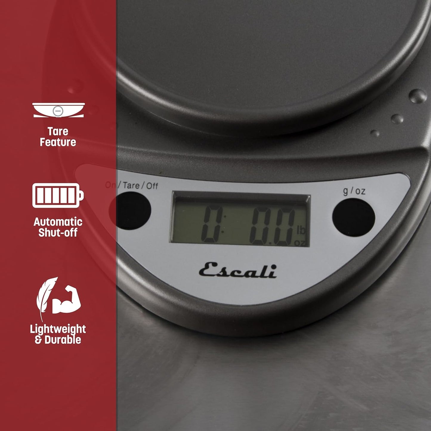 "Escali Primo Digital Kitchen Scale –SCDG11M Digital Food Scale Grams and Ounces for Cooking, Baking, Restaurants, Compact Design, Battery Operated, Removable Platform, 11lb/5kg, Metallic Gray"
