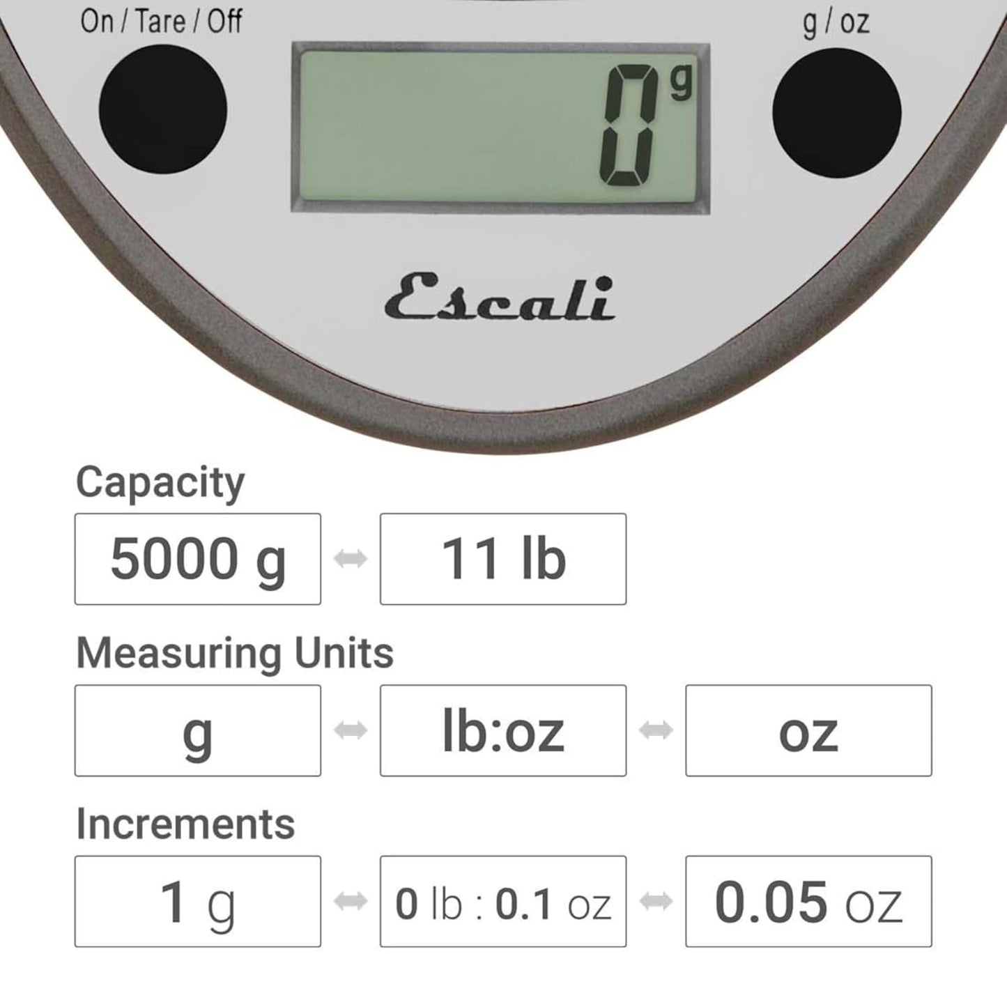 "Escali Primo Digital Kitchen Scale –SCDG11M Digital Food Scale Grams and Ounces for Cooking, Baking, Restaurants, Compact Design, Battery Operated, Removable Platform, 11lb/5kg, Metallic Gray"