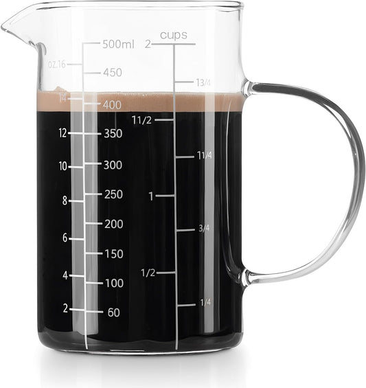 Glass Measuring Cup, 500ML (18OZ, 2 Cups), with Three Scales and V-Shaped Mouth Measuring Cup, High Borosilicate Glass Liquid Measuring Cups, Suitable for Kitchen and Restaurant.