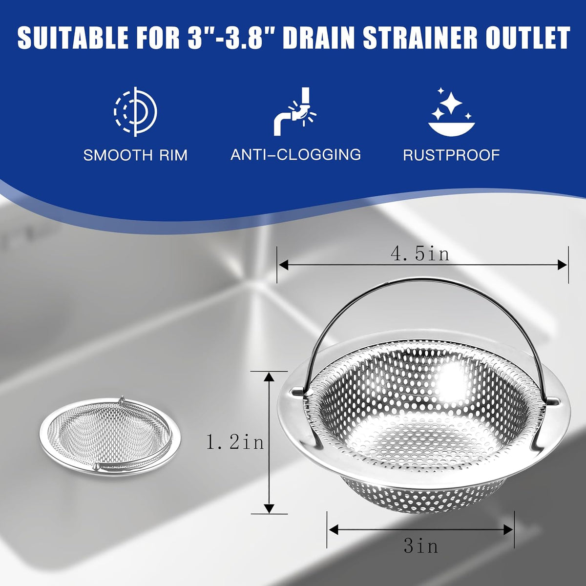 Kitchen Sink Drain Strainer with Handle, Universal Stainless Steel Food Catcher Basket, Rust Free, Fits Most Kitchen Sinks