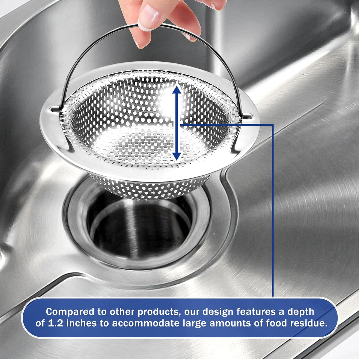 Kitchen Sink Drain Strainer with Handle, Universal Stainless Steel Food Catcher Basket, Rust Free, Fits Most Kitchen Sinks