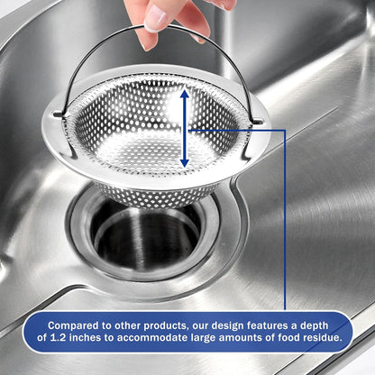 Kitchen Sink Drain Strainer with Handle, Universal Stainless Steel Food Catcher Basket, Rust Free, Fits Most Kitchen Sinks