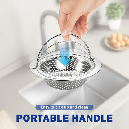 Kitchen Sink Drain Strainer with Handle, Universal Stainless Steel Food Catcher Basket, Rust Free, Fits Most Kitchen Sinks