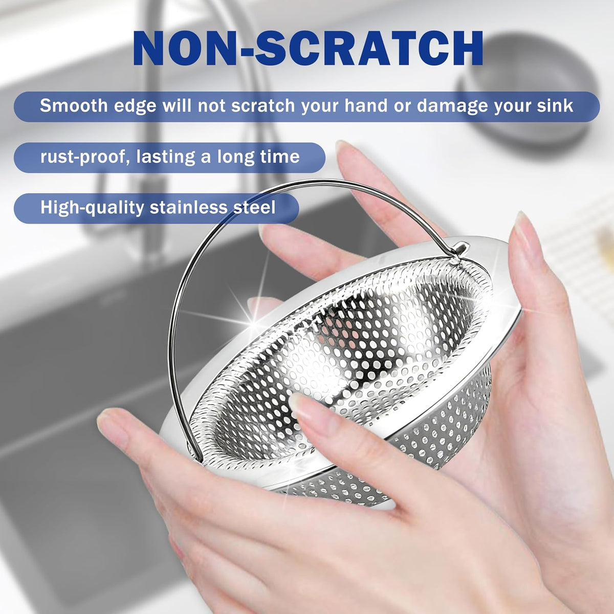Kitchen Sink Drain Strainer with Handle, Universal Stainless Steel Food Catcher Basket, Rust Free, Fits Most Kitchen Sinks
