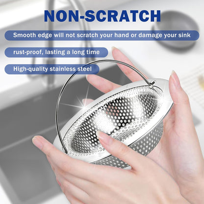 Kitchen Sink Drain Strainer with Handle, Universal Stainless Steel Food Catcher Basket, Rust Free, Fits Most Kitchen Sinks