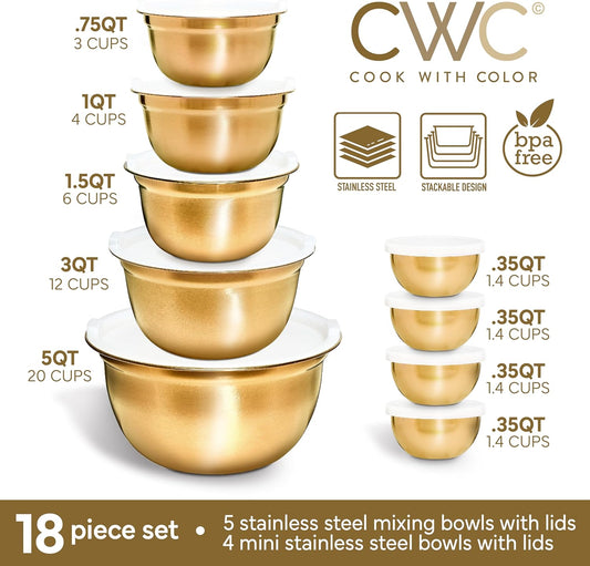18 Piece Mixing Bowls Set with Airtight Lids, Stainless Steel Bowl Organizers, Food Storage Containers, Meal Prep, Nesting Salad Bowls For Cooking, Baking, Kitchen Use, Gold
