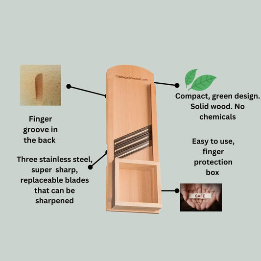 Wooden , Mandoline Slicer for Sauerkraut, Coleslaw. Finger Protection Box, Cut Resistant Glove. Pre-Oiled. Made in Poland!