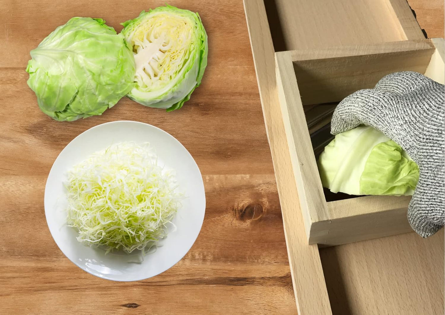 Wooden , Mandoline Slicer for Sauerkraut, Coleslaw. Finger Protection Box, Cut Resistant Glove. Pre-Oiled. Made in Poland!