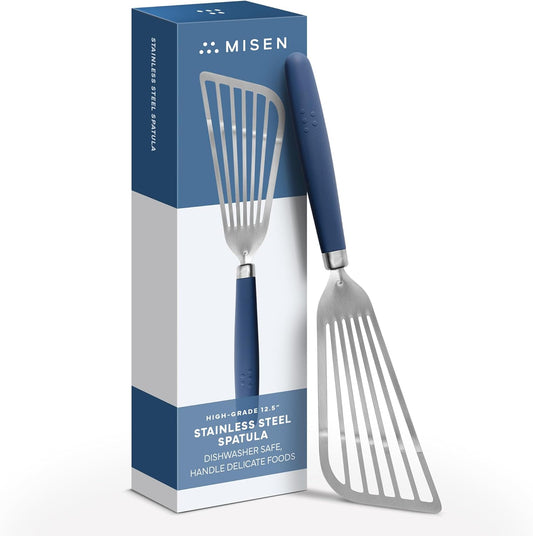 Fish Stainless Steel Spatula - Slotted Turner for Cooking - Perfect for Frying - Heat Resistant - Dishwasher Safe -1mm Thick Flexible Flipper - Soft Silicone Grip Handle for Easy Use