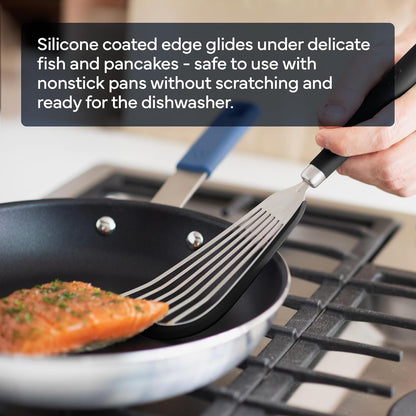 Fish Stainless Steel Spatula - Slotted Turner for Cooking - Perfect for Frying - Heat Resistant - Dishwasher Safe -1mm Thick Flexible Flipper - Soft Silicone Grip Handle for Easy Use