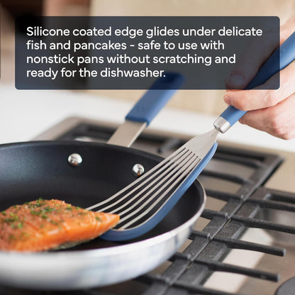 Fish Stainless Steel Spatula - Slotted Turner for Cooking - Perfect for Frying - Heat Resistant - Dishwasher Safe -1mm Thick Flexible Flipper - Soft Silicone Grip Handle for Easy Use
