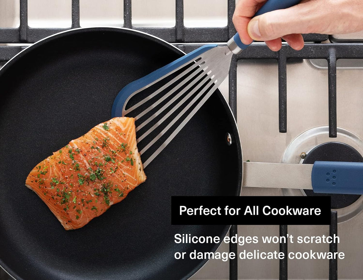 Fish Stainless Steel Spatula - Slotted Turner for Cooking - Perfect for Frying - Heat Resistant - Dishwasher Safe -1mm Thick Flexible Flipper - Soft Silicone Grip Handle for Easy Use
