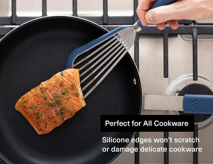 Fish Stainless Steel Spatula - Slotted Turner for Cooking - Perfect for Frying - Heat Resistant - Dishwasher Safe -1mm Thick Flexible Flipper - Soft Silicone Grip Handle for Easy Use