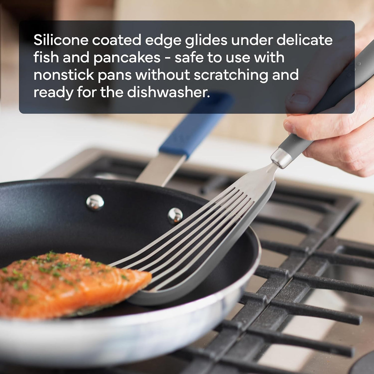 Fish Stainless Steel Spatula - Slotted Turner for Cooking - Perfect for Frying - Heat Resistant - Dishwasher Safe -1mm Thick Flexible Flipper - Soft Silicone Grip Handle for Easy Use