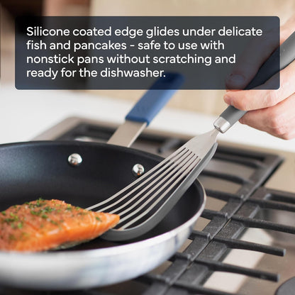 Fish Stainless Steel Spatula - Slotted Turner for Cooking - Perfect for Frying - Heat Resistant - Dishwasher Safe -1mm Thick Flexible Flipper - Soft Silicone Grip Handle for Easy Use