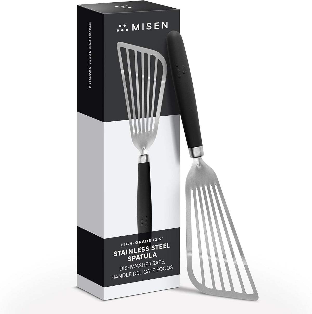 Fish Stainless Steel Spatula - Slotted Turner for Cooking - Perfect for Frying - Heat Resistant - Dishwasher Safe -1mm Thick Flexible Flipper - Soft Silicone Grip Handle for Easy Use