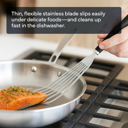 Fish Stainless Steel Spatula - Slotted Turner for Cooking - Perfect for Frying - Heat Resistant - Dishwasher Safe -1mm Thick Flexible Flipper - Soft Silicone Grip Handle for Easy Use