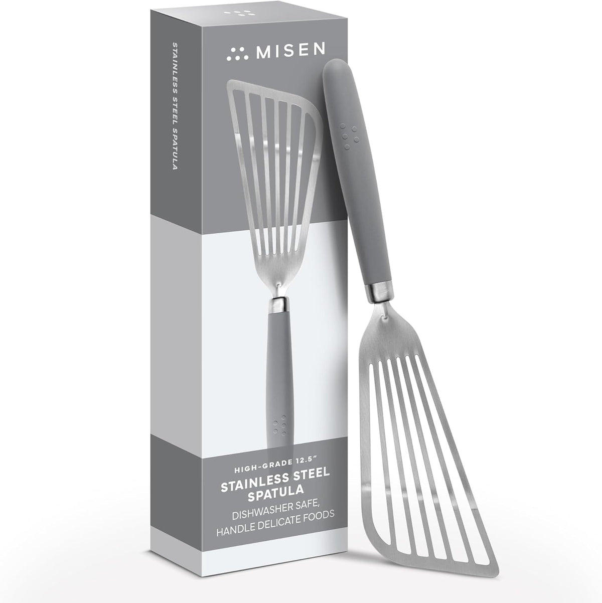 Fish Stainless Steel Spatula - Slotted Turner for Cooking - Perfect for Frying - Heat Resistant - Dishwasher Safe -1mm Thick Flexible Flipper - Soft Silicone Grip Handle for Easy Use