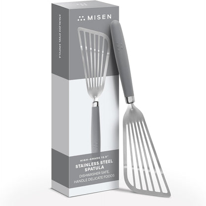 Fish Stainless Steel Spatula - Slotted Turner for Cooking - Perfect for Frying - Heat Resistant - Dishwasher Safe -1mm Thick Flexible Flipper - Soft Silicone Grip Handle for Easy Use