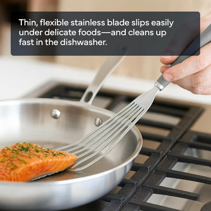 Fish Stainless Steel Spatula - Slotted Turner for Cooking - Perfect for Frying - Heat Resistant - Dishwasher Safe -1mm Thick Flexible Flipper - Soft Silicone Grip Handle for Easy Use