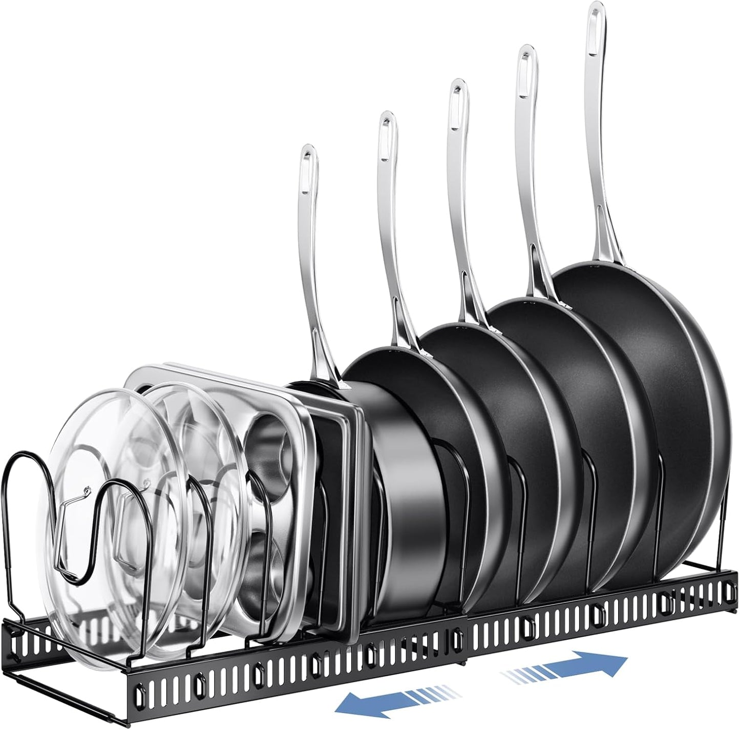 Expandable Pots and Pans Organizer under Cabinet with 10 Dividers | Extends 12"-23", Holds pot lids, pans cookware inside Cabinet, rack with pot lid organizer, Space-saving for kitchen cabinets