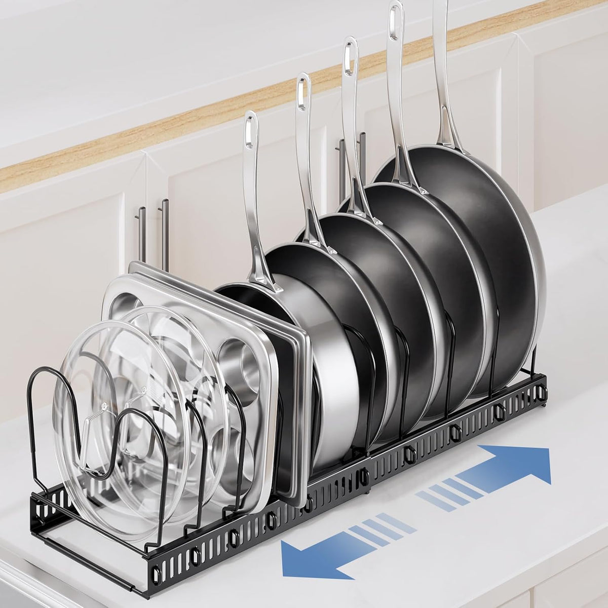 Expandable Pots and Pans Organizer under Cabinet with 10 Dividers | Extends 12"-23", Holds pot lids, pans cookware inside Cabinet, rack with pot lid organizer, Space-saving for kitchen cabinets