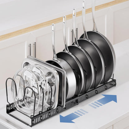 Expandable Pots and Pans Organizer under Cabinet with 10 Dividers | Extends 12"-23", Holds pot lids, pans cookware inside Cabinet, rack with pot lid organizer, Space-saving for kitchen cabinets
