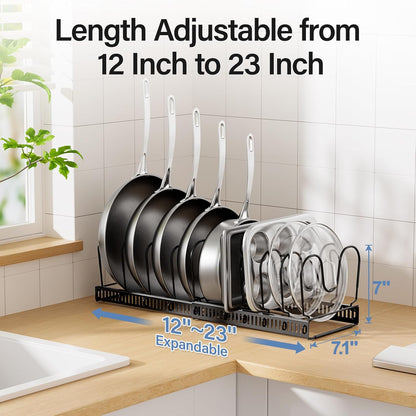 Expandable Pots and Pans Organizer under Cabinet with 10 Dividers | Extends 12"-23", Holds pot lids, pans cookware inside Cabinet, rack with pot lid organizer, Space-saving for kitchen cabinets