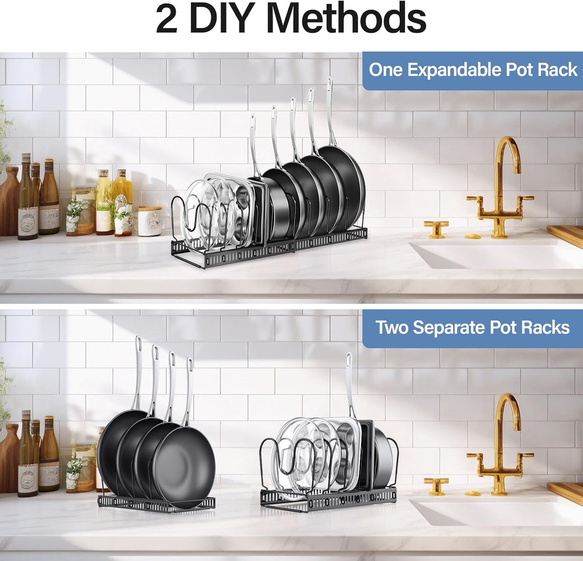 Expandable Pots and Pans Organizer under Cabinet with 10 Dividers | Extends 12"-23", Holds pot lids, pans cookware inside Cabinet, rack with pot lid organizer, Space-saving for kitchen cabinets