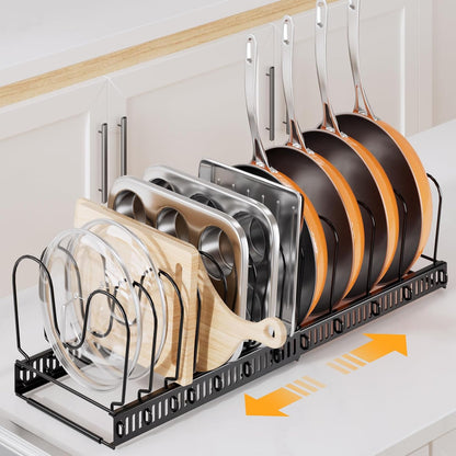 Expandable Pots and Pans Organizer under Cabinet with 10 Dividers | Extends 12"-23", Holds pot lids, pans cookware inside Cabinet, rack with pot lid organizer, Space-saving for kitchen cabinets