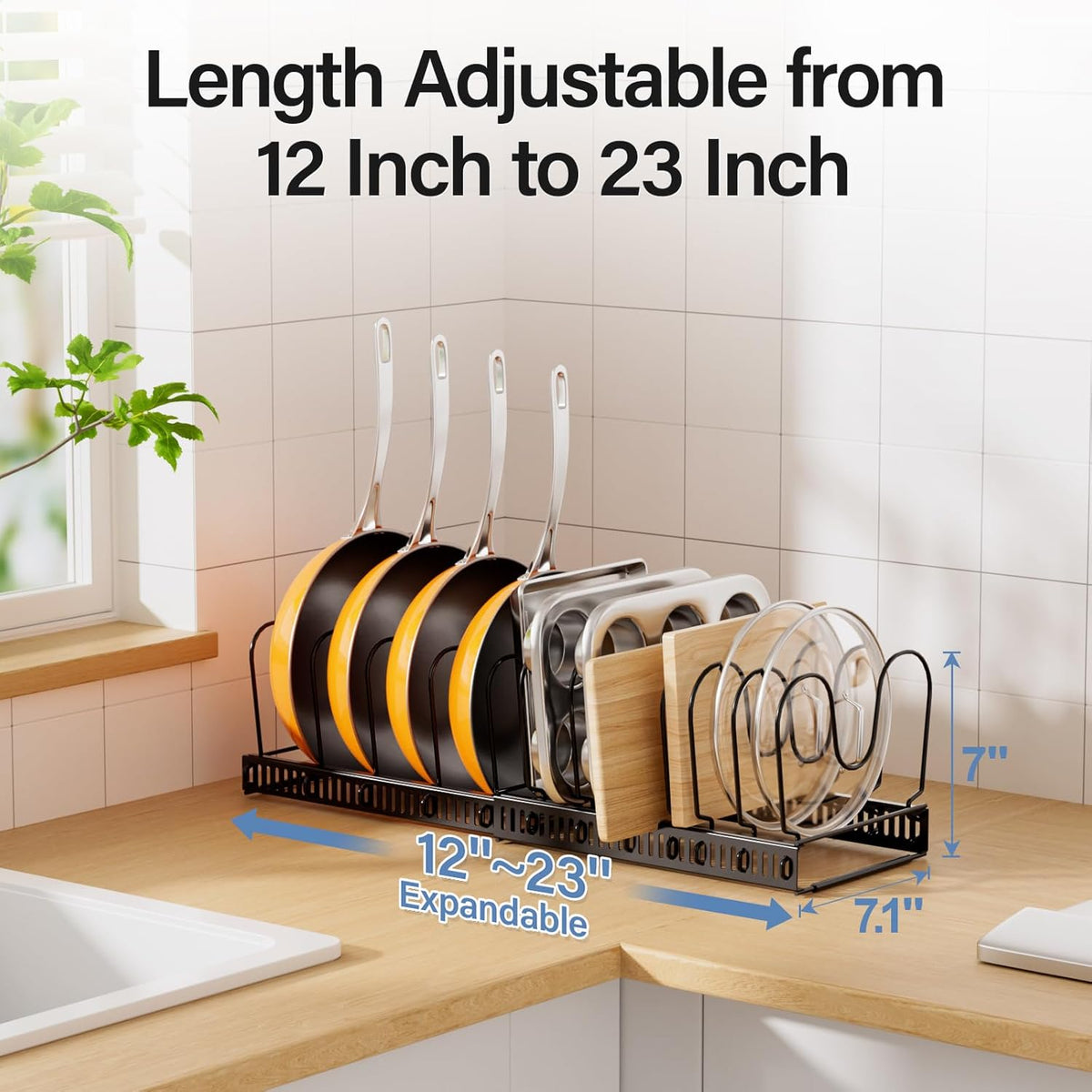Expandable Pots and Pans Organizer under Cabinet with 10 Dividers | Extends 12"-23", Holds pot lids, pans cookware inside Cabinet, rack with pot lid organizer, Space-saving for kitchen cabinets