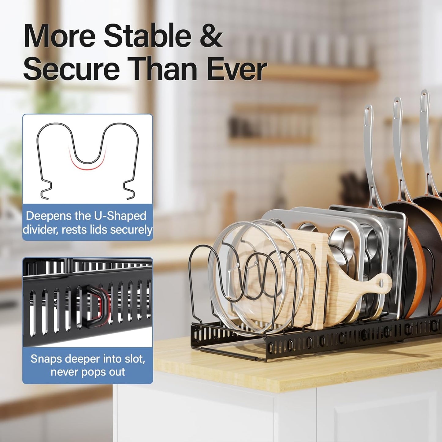 Expandable Pots and Pans Organizer under Cabinet with 10 Dividers | Extends 12"-23", Holds pot lids, pans cookware inside Cabinet, rack with pot lid organizer, Space-saving for kitchen cabinets