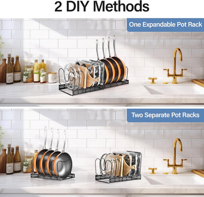 Expandable Pots and Pans Organizer under Cabinet with 10 Dividers | Extends 12"-23", Holds pot lids, pans cookware inside Cabinet, rack with pot lid organizer, Space-saving for kitchen cabinets