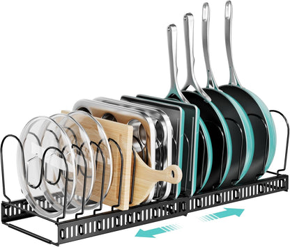 Expandable Pots and Pans Organizer under Cabinet with 10 Dividers | Extends 12"-23", Holds pot lids, pans cookware inside Cabinet, rack with pot lid organizer, Space-saving for kitchen cabinets