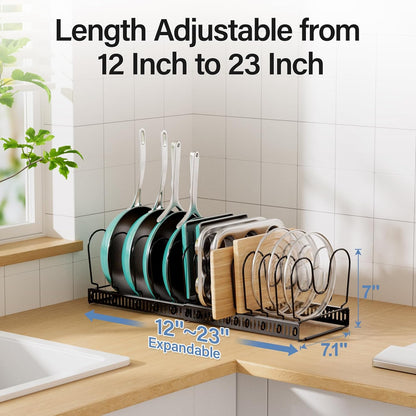 Expandable Pots and Pans Organizer under Cabinet with 10 Dividers | Extends 12"-23", Holds pot lids, pans cookware inside Cabinet, rack with pot lid organizer, Space-saving for kitchen cabinets
