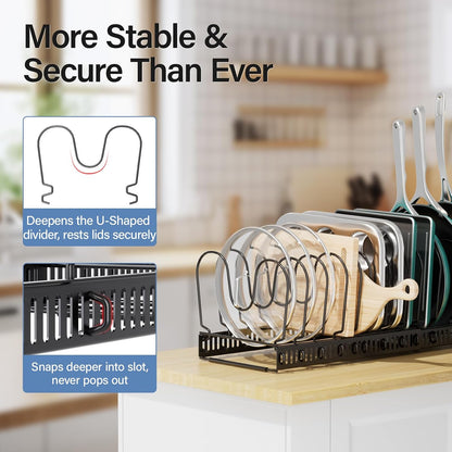 Expandable Pots and Pans Organizer under Cabinet with 10 Dividers | Extends 12"-23", Holds pot lids, pans cookware inside Cabinet, rack with pot lid organizer, Space-saving for kitchen cabinets