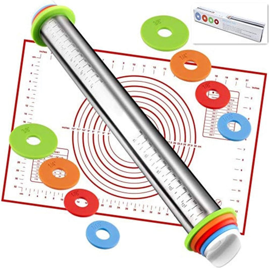 Adjustable Thickness Rings Rolling Pin and Silicone Baking Pastry Mat Set | Stainless Steel Dough Roller,Baking Supplies for Cake Pop Cookie Fondant Pizza Cake Pasta(Red)
