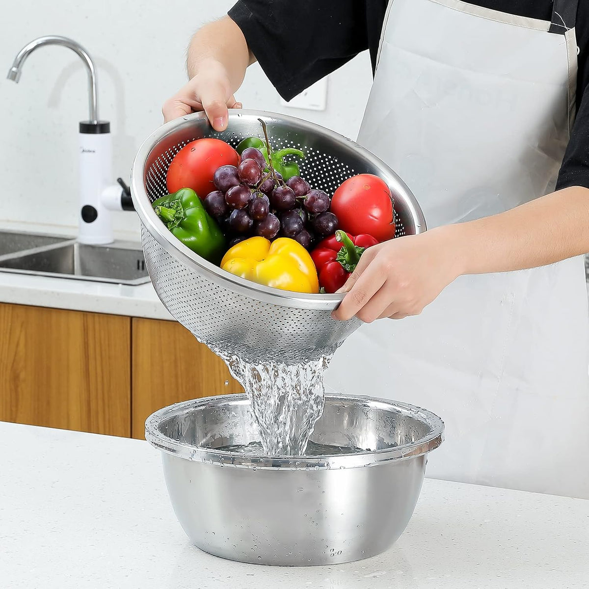 304 Stainless Steel Fine Mesh Colander Set, 2QT Large Capacity Strainer with Mixing Bowl — Rinse Fruits, Veggies, Rice & Drain Pasta, Dishwasher Safe (2-Piece)