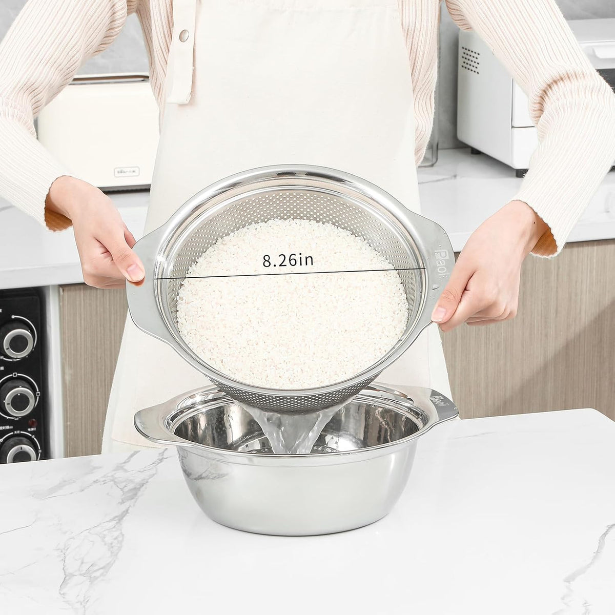 304 Stainless Steel Fine Mesh Colander Set, 2QT Large Capacity Strainer with Mixing Bowl — Rinse Fruits, Veggies, Rice & Drain Pasta, Dishwasher Safe (2-Piece)