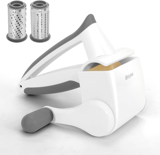 Patented Handheld Parmesan Cheese Grater with 2 Rotary Drums, White | Effortless Hand Crank, 2 Stainless Steel Drums, Fine & Coarse, Restaurant Quality, BPA Free, Fully Dishwasher Safe