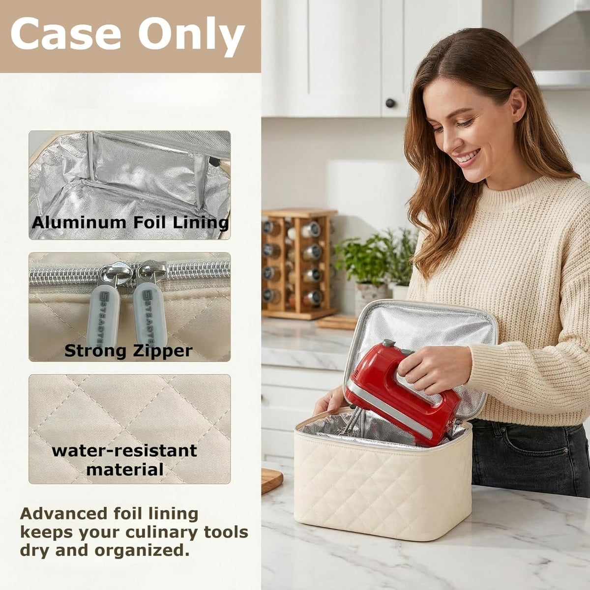 Hand Mixer Storage Case for KitchenAid 5, 6, 7 and 9 Speed Mixers | Portable Design With Carry Handle For Home Bakers, Kitchen Storage, Baking Classes And Travel, Light Beige - Case Only